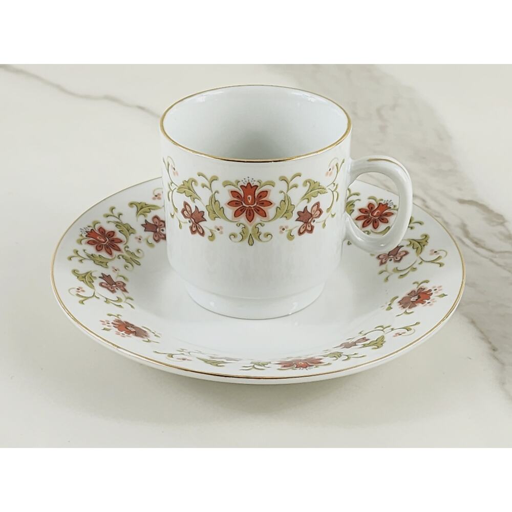 Demitasse Espresso Coffee Mug Teacup w/ Saucers Fine Porcelain Gold Trim Flower